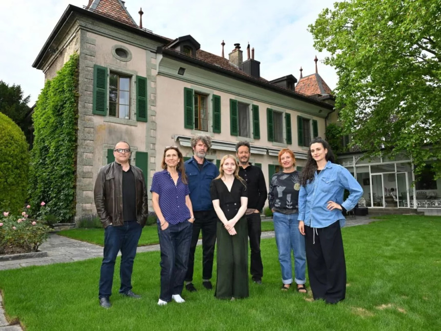 Writers and translators in residence, Château de Lavigny, June 2026. (L-R) Mark Sarvas, Sophie Kandaouroff (director), Sébastien Berlendis, Roisin Kiberd, Nicolas Richard, Julie Bonnie, Salomé Kiner. Photo: Michel Perret.